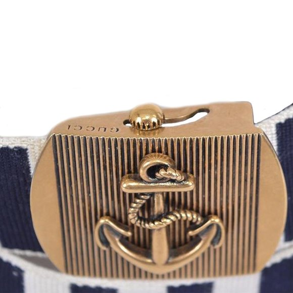 Gucci Men's Navy / White Fabric Brass Anchor Buckle Striped Belt 375191 4056 (85 - Picture 4 of 5